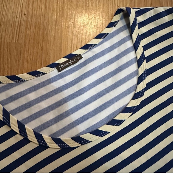 J. McLaughlin blue cream/white stripe 3/4 length size medium shirt - Picture 2 of 9